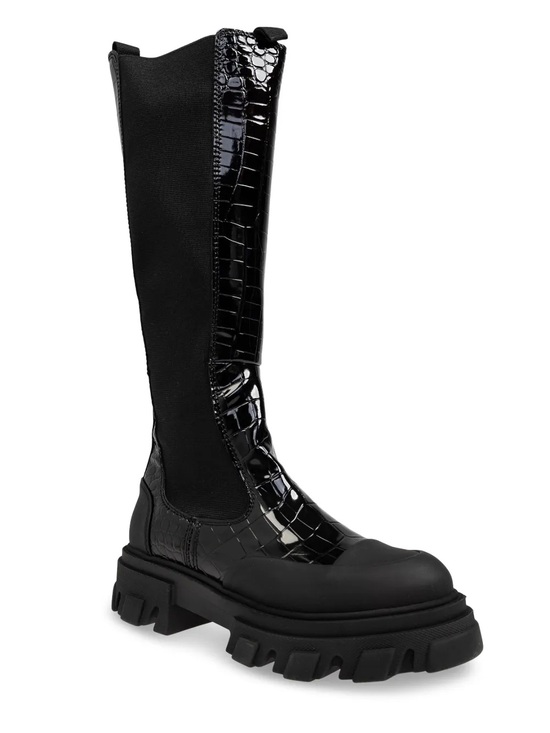 Ganni Shoes - Ganni Black Croc-Embossed Tall Combat Boots